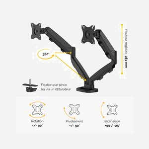 Fellowes Bras Double pour Écrans jusqu'à 39" (99.1cm), 8kg par Écran, Montage Bureau Collier/Passe-fil, VESA 75x75/100x100, Noir, Acier - Miniature 2