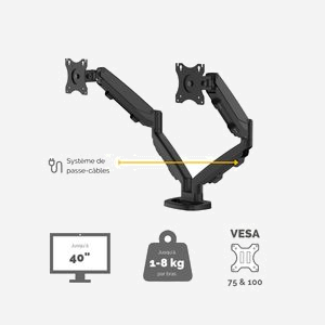 Fellowes Bras Double pour Écrans jusqu'à 39" (99.1cm), 8kg par Écran, Montage Bureau Collier/Passe-fil, VESA 75x75/100x100, Noir, Acier - Miniature 5