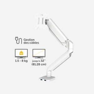 Fellowes Platinum Series Bras Support Écran Simple Blanc (Ref. 8056201) - VESA 75/100, Max 40", 8kg, Acier, USB 3.2, Pivot 360°, Inclinaison ±45°, Garantie 5 ans - Miniature 3
