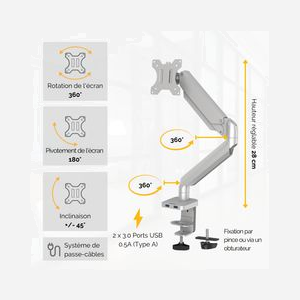 Fellowes Platinum Series Bras Support Écran Simple Argent (Ref: 8056401) - VESA 75x75/100x100, Max 8kg, Écran jusqu'à 40", USB 3.2, Acier - Miniature 3
