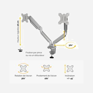 Fellowes Platinum Series Bras Double pour écrans jusqu'à 40", 8kg max, Montage Collier/Passe-fil, VESA 75x75/100x100, USB 3.2 Gen 1, Argent - Miniature 3