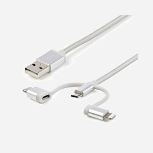 StarTech.com Câble Multi-Chargeur LTCUB1MGR 1m USB 2.0 Type-A vers Micro-USB B + Adaptateur Lightning/USB-C, Tressé, 22/28 AWG, Argent