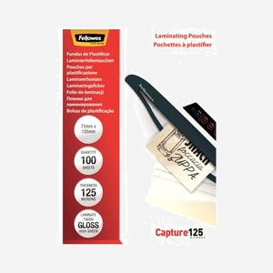 Fellowes - Pochettes de plastification brillantes pour cartes - 125 microns - Format 75 x 105 mm (80 x 112 mm) - Transparent - Plastique - Boîte de 100 - Miniature 1