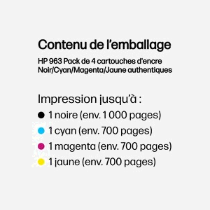 HP 963 Pack 4 Cartouches Encre Pigmentée Noir/Cyan/Magenta/Jaune (47.86ml Noir, 700/1000 Pages) - 6ZC70AE - Miniature 3