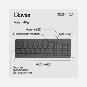 HP Kit Clavier QWERTY USB et Souris Filaire 1600 DPI - Clavier Membrane Taille Réelle - Compatible Windows 10/11 - Noir - Réf. 240J7AA#ABB - Miniature 2