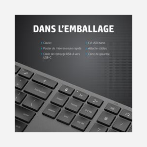 HP Clavier Sans Fil 975 Dual Mode (RF Sans Fil + Bluetooth) Rétroéclairé, Batterie Intégrée Rechargeable USB-C, Pavé Numérique, Récepteur Nano, Noir - Miniature 3