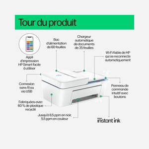 HP DeskJet 4222e : Imprimante Jet d'Encre Couleur Multifonction, 4800x1200 DPI, 8.5/5.5 ppm ISO, Numérisation 1200 DPI, Chargeur ADF 35 feuilles, WiFi, HP+ - Miniature 4