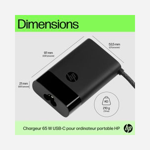 HP Adaptateur Secteur USB-C 65W 5-20V / 1.6A, Câble USB-C Inclus, 90-264V, 47-63Hz, Noir, 97x53.5x21mm, Compatible Ordinateur Portable - Miniature 4