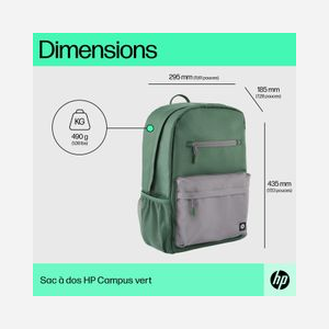 HP Sac à dos Campus 7J595AA Vert/Gris - 15.6" (39.6cm), Polyester/Polymousse, Compartiments Notebook/Tablette, Dimensions 295x185x435mm, 490g, 50% Plastique Recyclé - Miniature 4