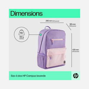 HP Sac à dos Campus Lavande 15.6" Polyester Recyclé 7J597AA : Compartiment Notebook/Tablette, Poche Extérieure, 295x185x435mm, 490g - Miniature 4