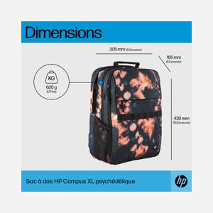 HP Sac à dos 7K0E3AA Campus XL Tie Dye Noir Motif 16.1" Polyester/Polymousse avec compartiments Notebook et Tablette 305x165x430mm 620g - Miniature 5