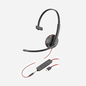 POLY Micro-casque monaural Blackwire C3215, connectivité USB-C/3.5mm, supra-aural, perche micro omnidirectionnelle 100-10000Hz, SoundGuard DIGITAL, étui inclus