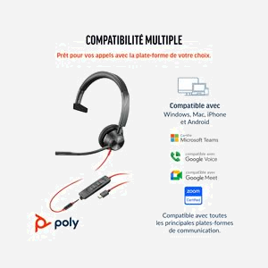 POLY Blackwire 3315 Mono USB-C + 3.5mm : Micro-casque Supra-aural, Connectivité USB-C/A, Microphone Boom Omnidirectionnel, 116dB, 100-10000Hz, Windows/macOS - Miniature 3