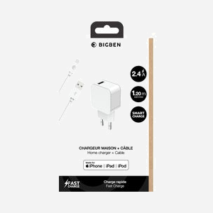 BIG BEN CS24AACBLMFIRW : Chargeur Secteur USB-A 2.4A avec Câble Lightning 1.2m, Plastique Recyclé, Certification MFi, Blanc, pour Smartphones iOS - Miniature 2