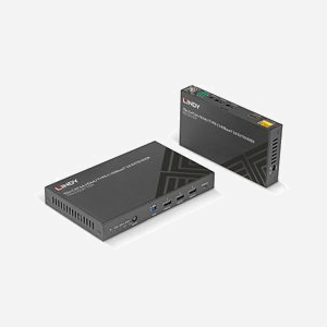 Lindy 38346 Kit Émetteur/Récepteur AV HDBaseT 4K@60Hz, HDCP 2.2, portée 70m Cat6a, EDID, CEC, IR 20-60kHz, HDMI 2.0, USB 2.0, Toslink, Noir
