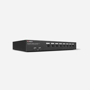 Lindy 39540 Commutateur KVM 8 Ports DisplayPort 4K 60Hz, Hub USB 2.0, Montage Rack 1U, Résolution 3840x2160, Audio, Noir
