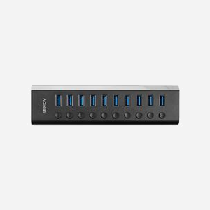 Lindy 43370 Hub USB 3.2 Gen 1, 10 Ports Type-A, 1 Port Type-B, 5000 Mbit/s, ABS/Aluminium, Alimentation Secteur 12V, Jeu de composants RTS5411