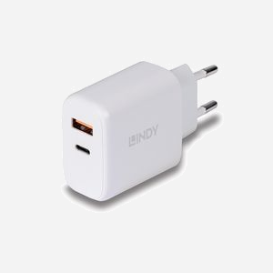 Lindy 73424 Chargeur Secteur Universel Blanc - USB-A 2.0 + USB-C Power Delivery 3.0 30W - Protections Surtension/Courant/Température/Court-circuit