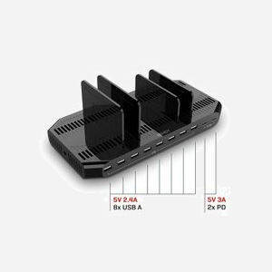 Lindy 73435 Chargeur Secteur 10 Ports USB (8x USB 2.0, 2x USB-C) Quick Charge 3.0, 5V/21A, Câble 0.9m, Compatibilité Smartphone/Tablette, Noir - Miniature 3