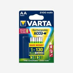 Varta Longlife Pack de 2 Piles Rechargeables AA NiMH 1.2V 2100 mAh Standard, blister de 2 unités, poids 26g, référence 56706-101-402
