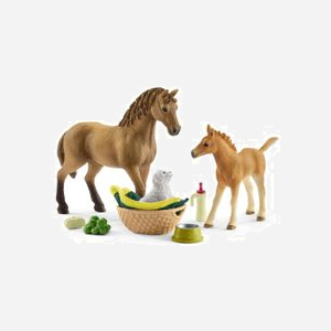 schleich HORSE CLUB 42432 : Kit de jeu Jument & Poulain Quarter Horse, Chiot, Accessoires (9 pcs), 5-12 ans, 245x52x190mm, Multicolore