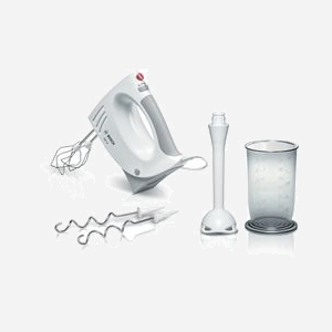 Bosch MFQ3540 Batteur à Main 450W Gris/Blanc : 5 Vitesses + Pulse, Fouets Turbo Inox, Crochets Pétrisseurs, Pied Mixeur Plongeant, Hachoir