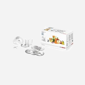 Bosch MUZ5VL1 VeggieLove - Kit d'accessoires râpe/émince pour robot ménager MUM5, Acier Inoxydable/Blanc, 5 disques (râper fin/épais, émincer fin/épais, concasser, julienne) - Miniature 1