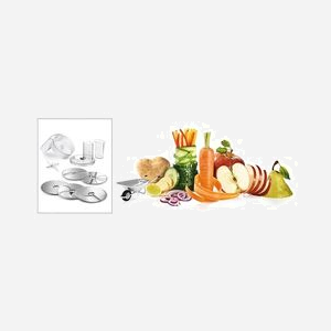 Bosch MUZ5VL1 VeggieLove - Kit d'accessoires râpe/émince pour robot ménager MUM5, Acier Inoxydable/Blanc, 5 disques (râper fin/épais, émincer fin/épais, concasser, julienne) - Miniature 2