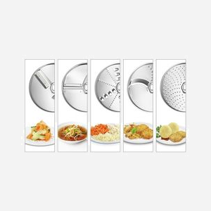 Bosch MUZ5VL1 VeggieLove - Kit d'accessoires râpe/émince pour robot ménager MUM5, Acier Inoxydable/Blanc, 5 disques (râper fin/épais, émincer fin/épais, concasser, julienne) - Miniature 5