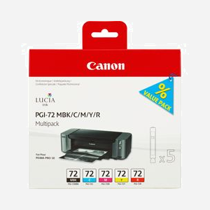 Canon Multipack PGI-72 MBK/C/M/Y/R : 5 Cartouches d'encre pigmentée, PIXMA PRO-10, Noir mat/Cyan/Magenta/Jaune/Rouge, Rendement 1640/710 pages (ISO/IEC 24734)