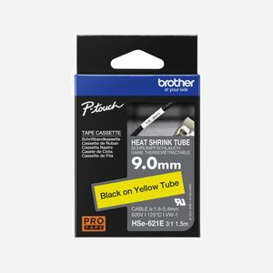 Brother HSE-621E : Gaine Thermo-Rétractable 9mm Noir sur Jaune Ratio 3:1 pour câbles 1.6-5.4mm - Compatibilité Etiqueteuses Brother HS/HSE