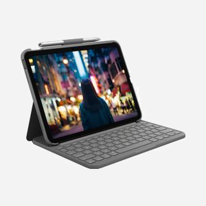 Logitech Slim Folio Oxford Grey - Étui Clavier AZERTY Bluetooth LE pour iPad (10th gen) - Touches Raccourcis iPadOS, Angles 58°/10°, Porte-Stylet