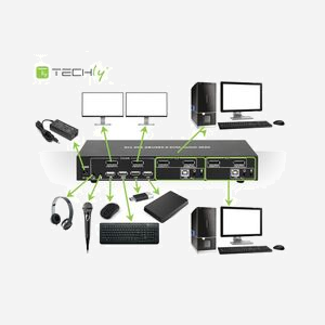 Techly IDATA DP-KVM2 Commutateur KVM 2 Ports DisplayPort 4K Ultra HD 3840x2160 USB 2.0 Hub 4 Ports, Audio, USB Type-A, Alimentation Externe - Miniature 5