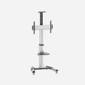 Techly ICA-TR15 Support Sol Mobile pour Écrans 37-70" (94-177.8cm), Charge 50kg, VESA 600x400, Inclinaison -12°/+5°, Argent, 2 Étagères, 4 Roues
