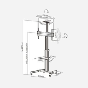 Techly ICA-TR15 Support Sol Mobile pour Écrans 37-70" (94-177.8cm), Charge 50kg, VESA 600x400, Inclinaison -12°/+5°, Argent, 2 Étagères, 4 Roues - Miniature 3
