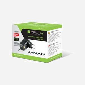 Techly IPW-NTS600G Adaptateur Secteur Universel 7.2W 3-12V 0.6A, 7 Connecteurs DC, USB 2.0, Protections Surcharge/Surchauffe/Court-circuit, Noir, Câble 1.8m - Miniature 2