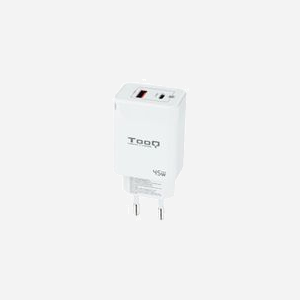 TooQ TQWC-GANQCPD45WT Chargeur Secteur Universel 45W GaN, 1x USB 2.0, 1x USB-C, Charge Rapide, 100-240V, Blanc, Prise EU, Compatibilité Windows/Mac