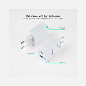 TooQ TQWC-GANQCPD45WT Chargeur Secteur Universel 45W GaN, 1x USB 2.0, 1x USB-C, Charge Rapide, 100-240V, Blanc, Prise EU, Compatibilité Windows/Mac - Miniature 2