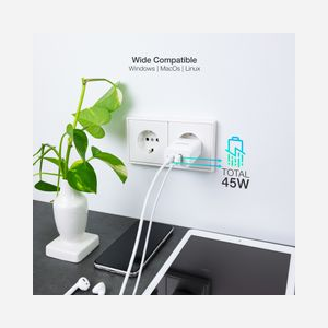 TooQ TQWC-GANQCPD45WT Chargeur Secteur Universel 45W GaN, 1x USB 2.0, 1x USB-C, Charge Rapide, 100-240V, Blanc, Prise EU, Compatibilité Windows/Mac - Miniature 4