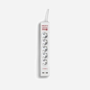 Salicru SPS SAFE 5+ : Multiprise 5 sorties Type F, 2 ports USB, 250V/10A, protection 306J, filtre EMI/RFI (non), câble 1.5m, montage mural.