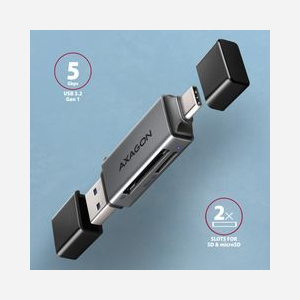 Lecteur de cartes Axagon CRE-DAC USB 3.0 Type-A/Type-C 5 Gbps, 2 slots SD/microSD, Gris, Aluminium, compatible Windows/macOS/Linux/Android/iOS - Miniature 2