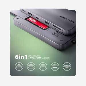 Axagon HMC-6GM2 Hub USB-C 3.2 Gen 2 10Gbps, Ports USB-A/USB-C, HDMI 4K, Lecteur Cartes SD/MicroSD, SSD M.2 NVMe, Power Delivery 100W, Gris - Miniature 2