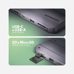 Axagon HMC-6GM2 Hub USB-C 3.2 Gen 2 10Gbps, Ports USB-A/USB-C, HDMI 4K, Lecteur Cartes SD/MicroSD, SSD M.2 NVMe, Power Delivery 100W, Gris - Miniature 3