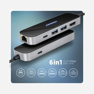 Axagon HMC-6GLN Hub USB-C 3.2 Gen 1 avec Power Delivery 100W, HDMI 4K 240Hz, Ethernet Gigabit, 2x USB-A, Support Windows/macOS/Linux/Android/ChromeOS - Miniature 4