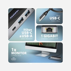 Axagon HMC-6GLN Hub USB-C 3.2 Gen 1 avec Power Delivery 100W, HDMI 4K 240Hz, Ethernet Gigabit, 2x USB-A, Support Windows/macOS/Linux/Android/ChromeOS - Miniature 5