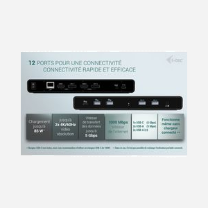 i-tec Station d'Accueil Universelle Dual 4K - USB-C/3.0/Thunderbolt - 2x DP, 2x HDMI, USB 3.1/2.0, RJ45, PD 85W - CADUA4KDOCKPDB100 - Miniature 5