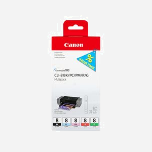 Canon Multipack 5 Cartouches CLI-8 BK/PC/PM/R/G, Encre à Colorant, Jet d'Encre, Pixma Pro 9000, 5x13ml, ChromaLife100, Origine Japon - Miniature 1