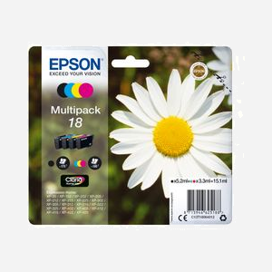 Epson Multipack "Pâquerette" 18 (C13T18064012) - Encre Claria Home N,C,M,J - Cartouches séparées - Volume Noir 5.2ml, Couleur 3.3ml - Rendement 175/180 pages - Jet d'encre