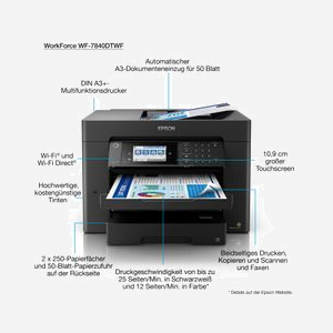 Epson WorkForce WF-7840DTWF Jet d'encre Couleur A3+ 4800x2400 DPI 25/12 ppm Recto Verso Auto Scan Cloud Fax 33.6Kbps WiFi Ethernet ADF 50 feuilles - Miniature 4