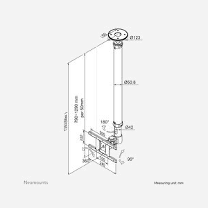 Neomounts FPMA-C100SILVER Support Plafond écran 10-30" (76cm) VESA 75x75-200x100 Inclinaison 180° Rotation 360° Pivot 180° Hauteur ajustable 79-129cm 12kg Argent - Miniature 3